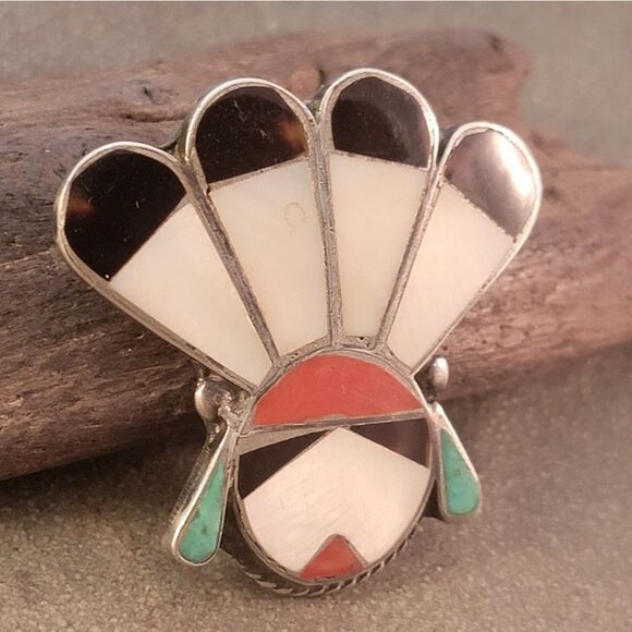 Vintage Sterling Zuni Sun Face Inlay Brooch Pin - Picture 3 of 9
